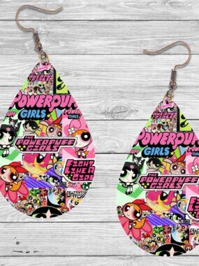 Powerpuff Girls Earrings: 90's Cartoon Wooden Teardrop Hypoallergenic Earrings